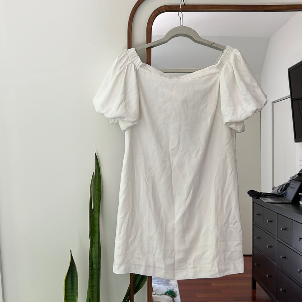 White off the shoulder poof sleeve shift dress
